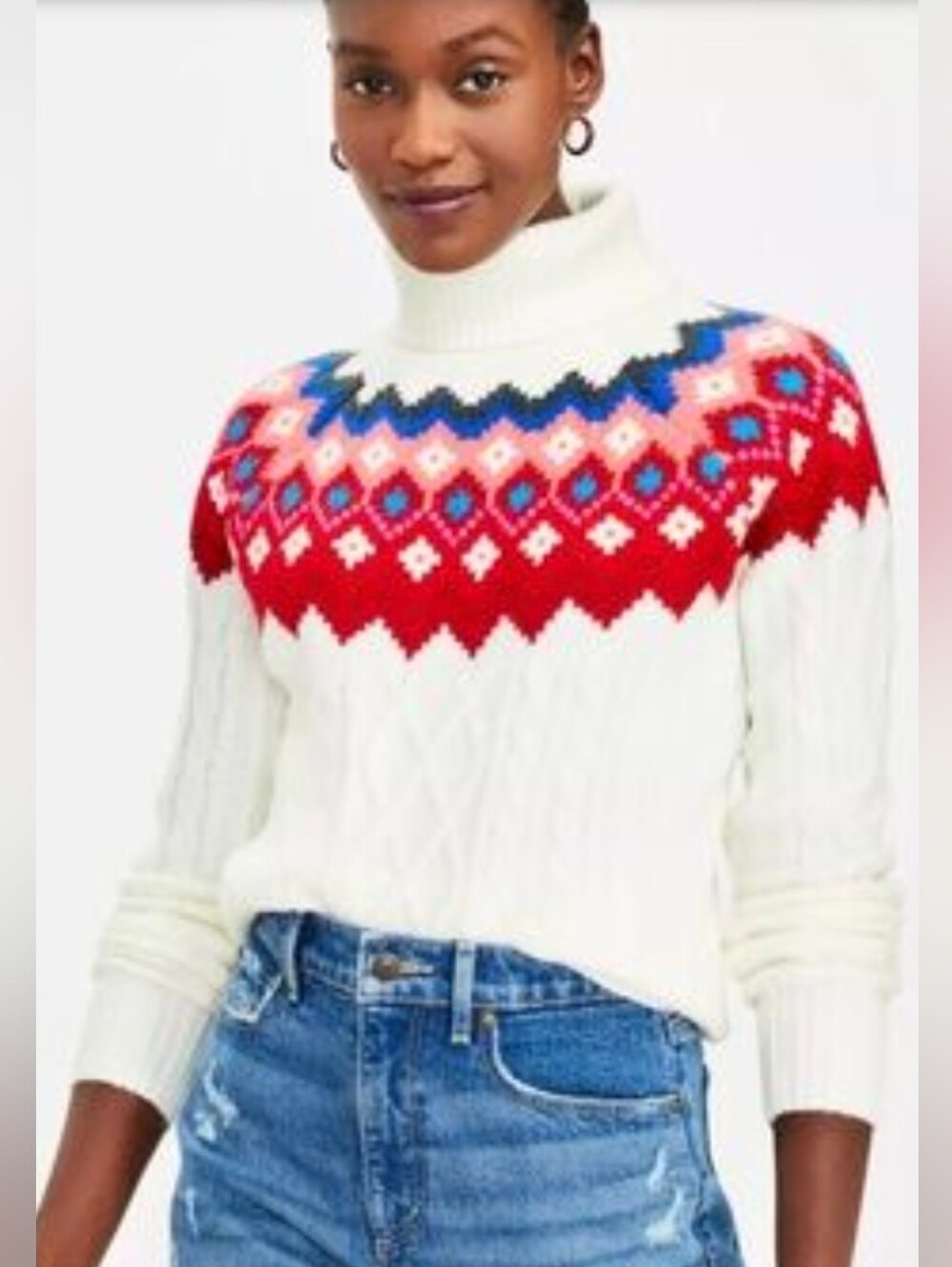 LOFT Wool Blend Cream Ivory Knit Fair Isle Turtleneck Sweater Cozy size Small